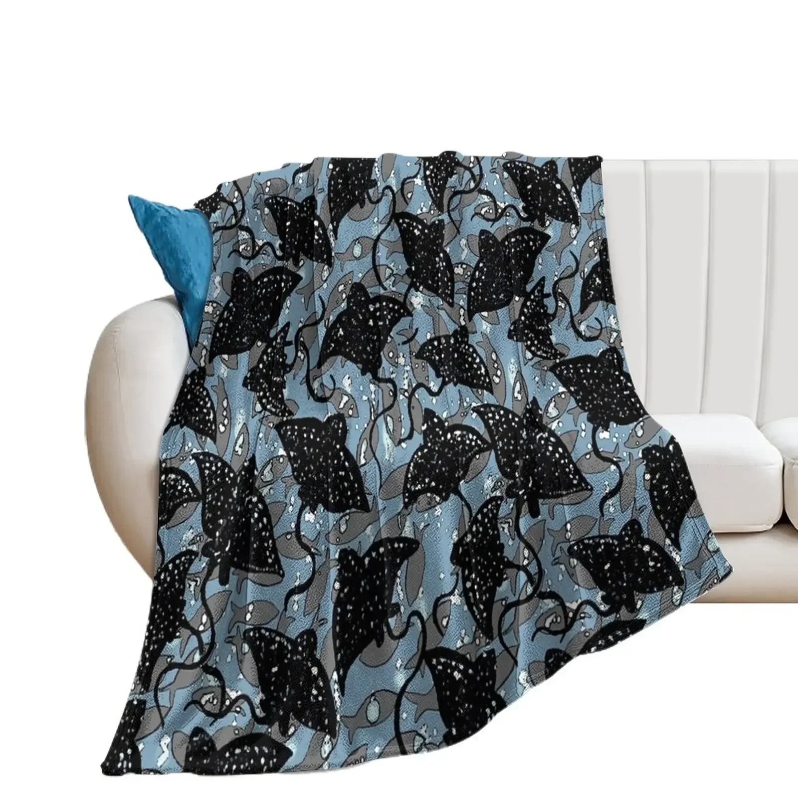 Black Spotted Eagle Ray School of Fish Pattern Throw Blanket Sofas Furry Blankets