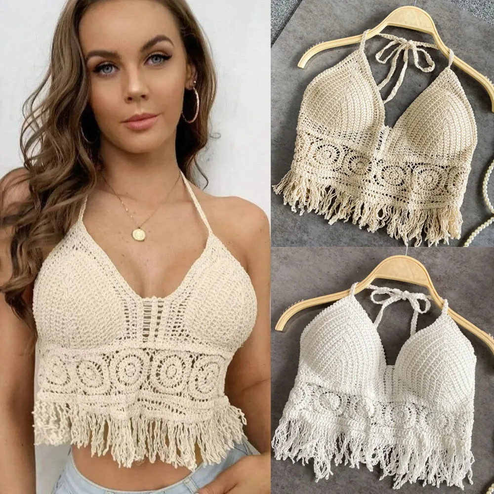 Kamizelka krótka koszulka damska Boho Fringe Backless Halter wiązanie na szyi bielizna odzież wierzchnia z haftem na szyi frędzle pończoch