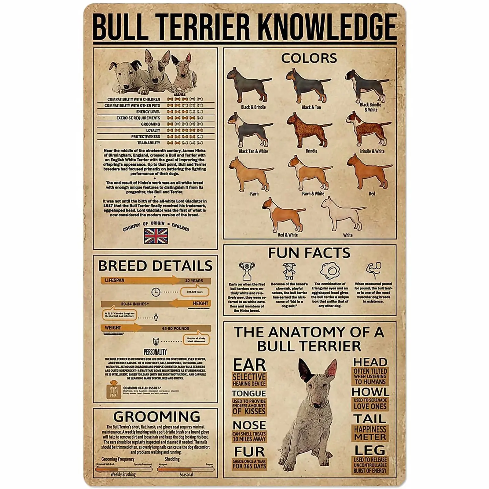 

Veidsuh Bull Terrier Knowledge Retro Poster Plaque for Club Cafe Bar Home Kitchen Wall Decoration