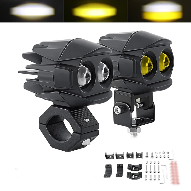 

LED Motorcycle Headlight/Fog Lights for ATV UTV Offroad White+Yellow 3000K+6000K 2 Lamps + 2 Sets Brackets