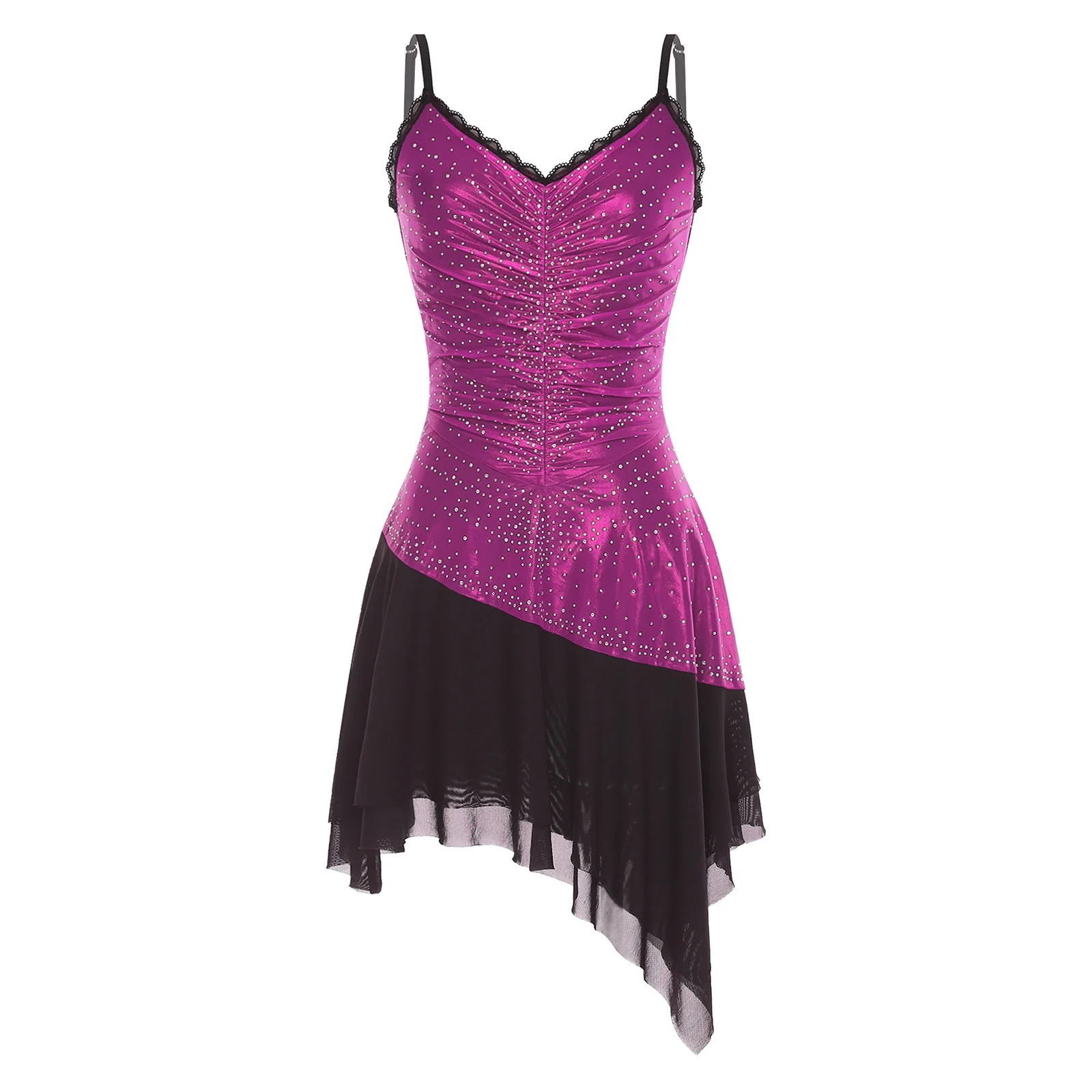 Womens Latin Lyrical Dance Dress Ruched Metallic Shiny Mesh Rhinestones Tiered Hem Contrast Color Sling Dress for Figure Skating