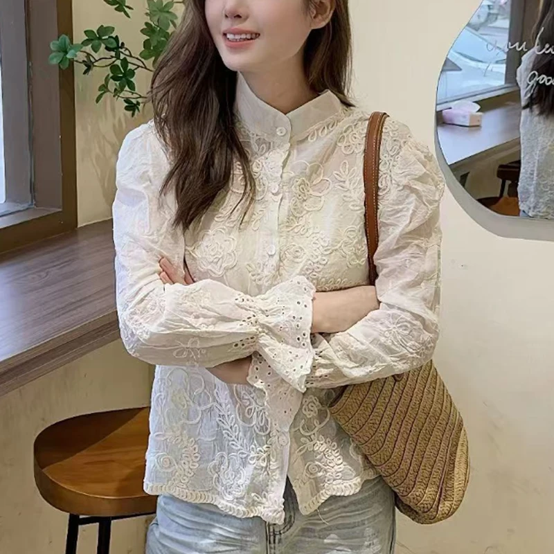 

2025 Spring New Flower Embroidered Blouse Stand Collar Bubble Sleeve Women Tops Long Sleeve Knitted Shirt