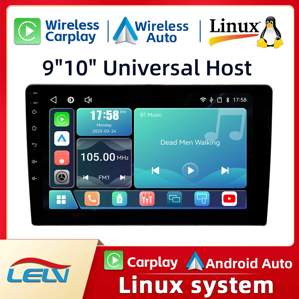 Reproductor multimedia estéreo para coche universal con sistema Linux LELV de 9/10 pulgadas, autoradio con vídeo, CarPlay, Android Auto, GPS, NAV y BT5