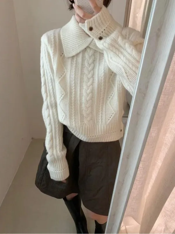 

Elegant White Knitted Thickened Loose Women's Pullover Sweater with Collar Autumn Winter Outerwear Casual Style Long Sleeve