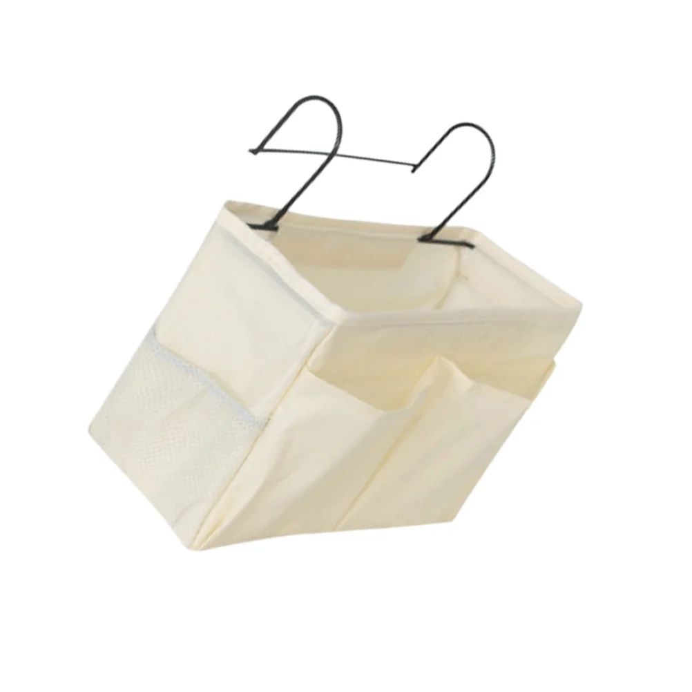 

Beige Bedside Hanging Organizer Canvas Storage Bag Dorm Room Chair Holder for Phones Cups Books Glasses Snacks Electronics