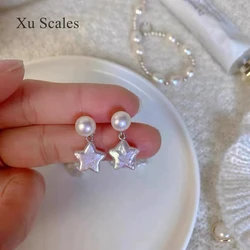 Natural Freshwater Irregular Baroque Pearl Lucky Star Double Bead Earrings Five Point Star Irregular 925 Silver Needle Jewelry