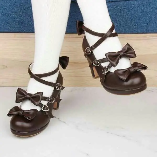 Chaussures lolita vintage pour femmes, style japonais, à bout rond et talons hauts de 5 à 8cm, en dentelle, nœud papillon, bande croisée, kawaii, cosplay