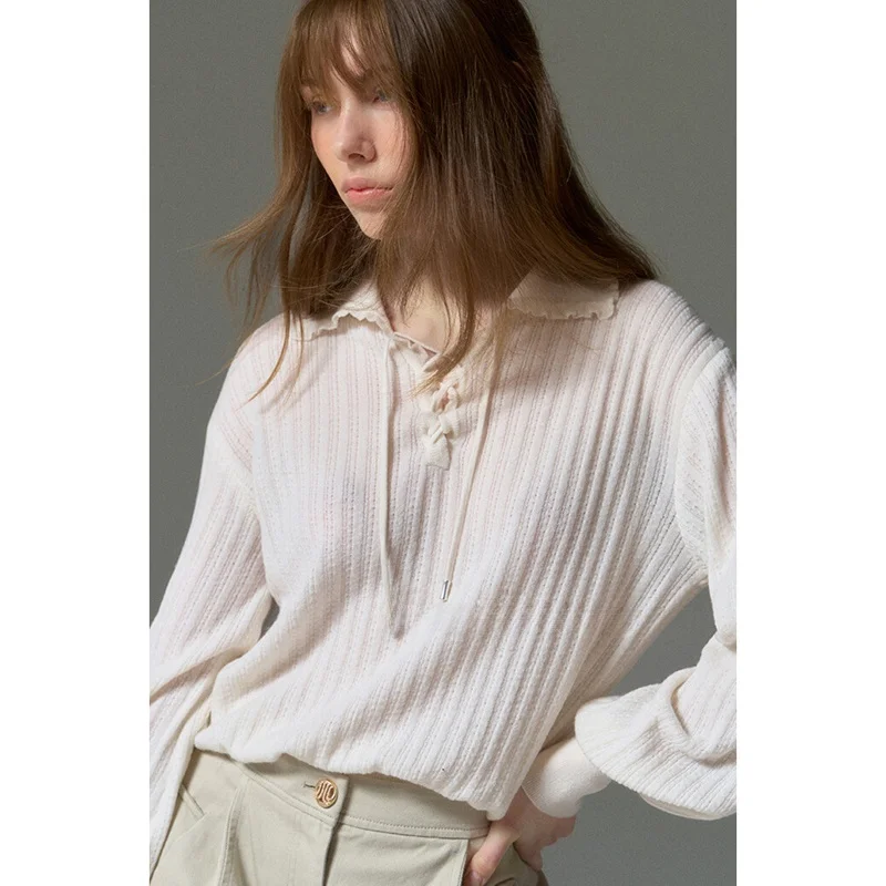 

Commuter Sle Knitted Wool Sweater Dstring Collar Elastic Self-Knitted Small irt Korean Version Long Sve Regular Length