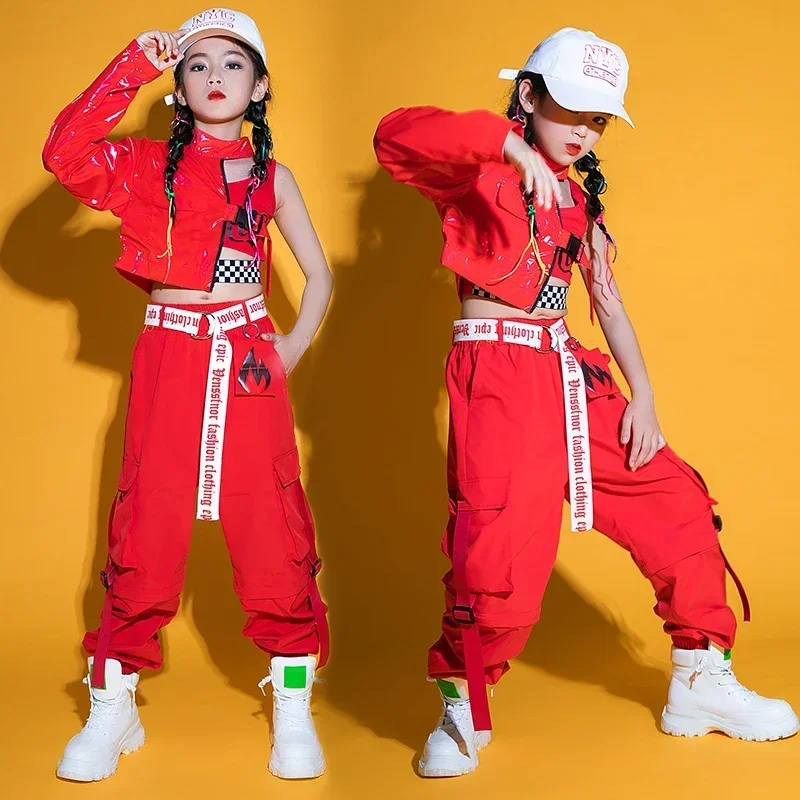 

Hip Hop Dance Clothes Jazz Costume Girls Cool Leather Tops Overalls Pants Red Stage Performance Outfit For Kids Wear Catwalk