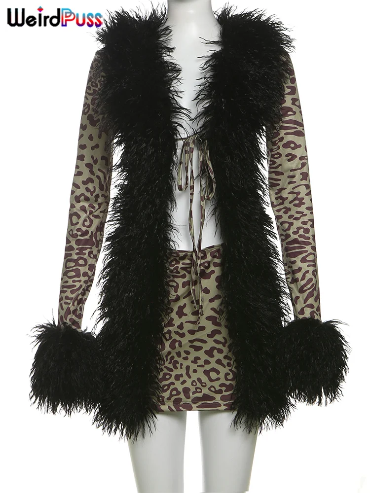 Estranho gato fluff retalhos 2 peça conjunto feminino selvagem rendas cardigan topos + leopardo impressão mini saias midnight club ternos combinando