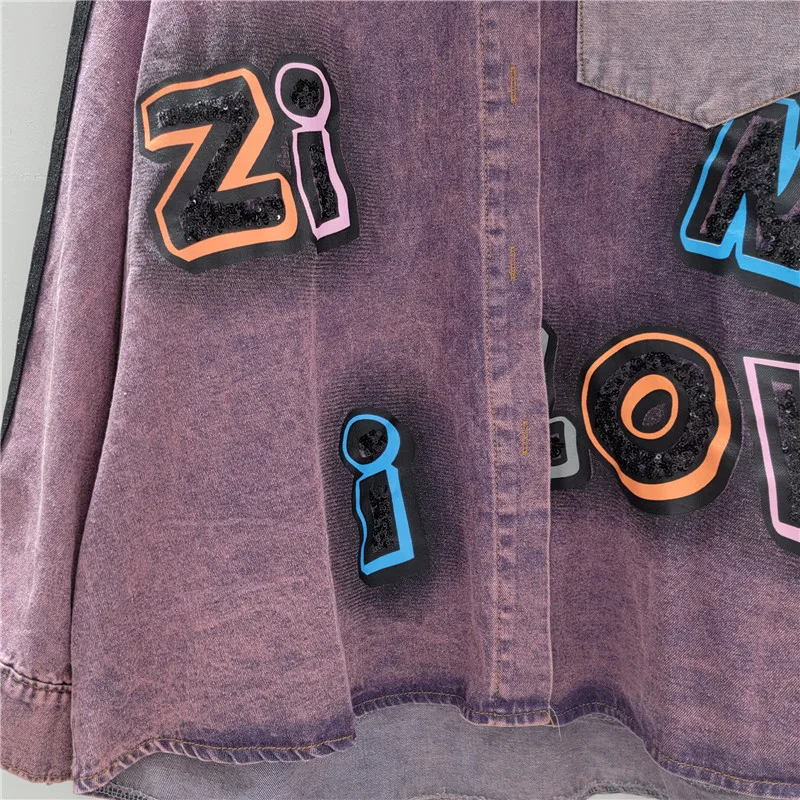 Women's Trendy Brand High-end Long-sleeves Single-breasted Blouse Coat 2025 Autumn New Y2k Denim Shirt Purple Lapel Top Jacket
