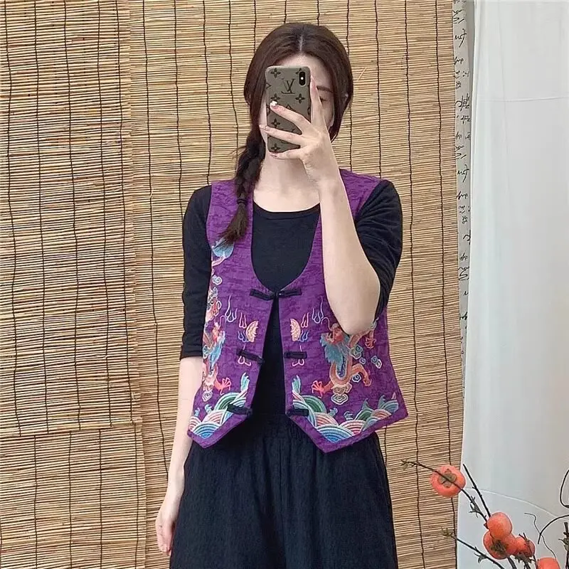 National Wind Heavy Industry Embroidered Cotton-linen Jacquard Vest Women's Summer Thin Style With Retro Buckle Sleeveless Vest