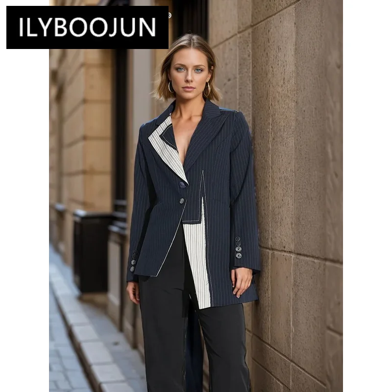 

ILYBOOJUN Colorblock Striped Casual Blazers For Women Notched Collar Long Sleeve Irregular Hem Blazer Female Fashion Style