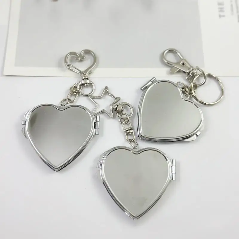 Flip Folding Mirror Keychain Travel Pocket Mirror Key Ring Metal Elliptical Heart-Shaped Mirror Anti-Lost Phone Camera Pendant