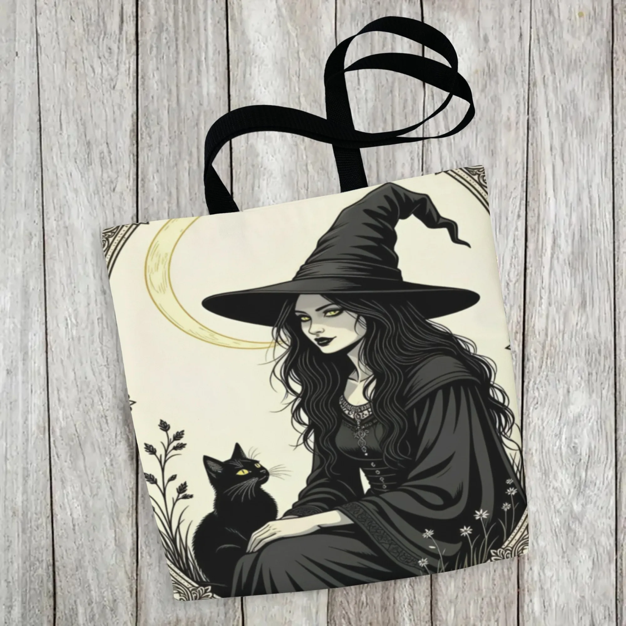 Mysterious Canvas Tote Bag Witch & Cat Design for Women Eco-Friendly Reusable Suitable for Gothic Gatherings Occult Exhibitions