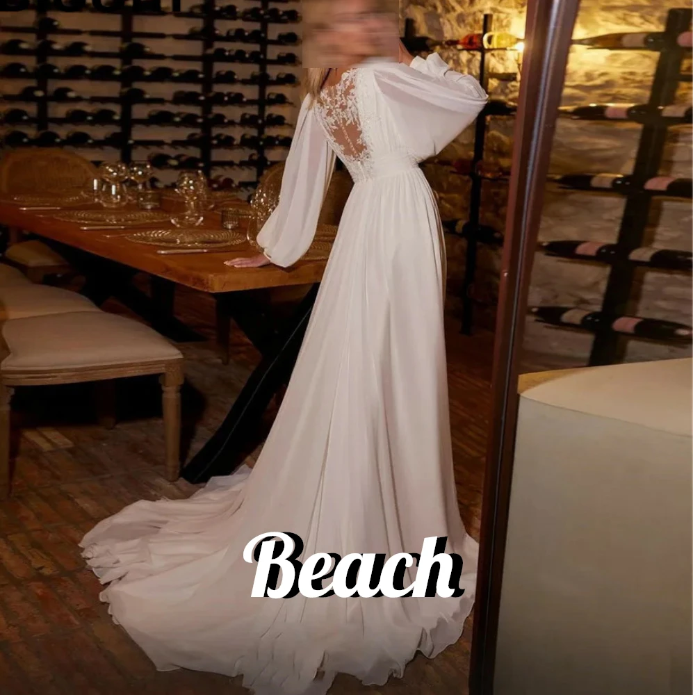 Beach Puff Sleeve Lace Wedding Dresses A Line V Neck Bride Dress Long Chiffon Side Split Elegant Floor Length Wedding Gowns