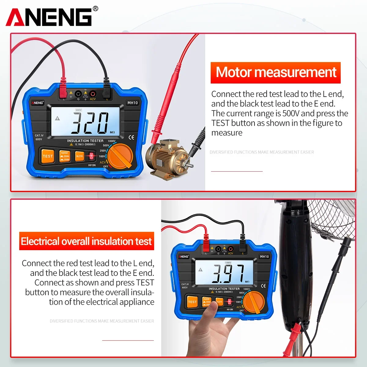 ANENG 디지털 절연 저항 게이지 Ohmer 테스터 자동 범위 백라이트 미터 1000V Megometer Megohmmeter Ohm Test HD MH10