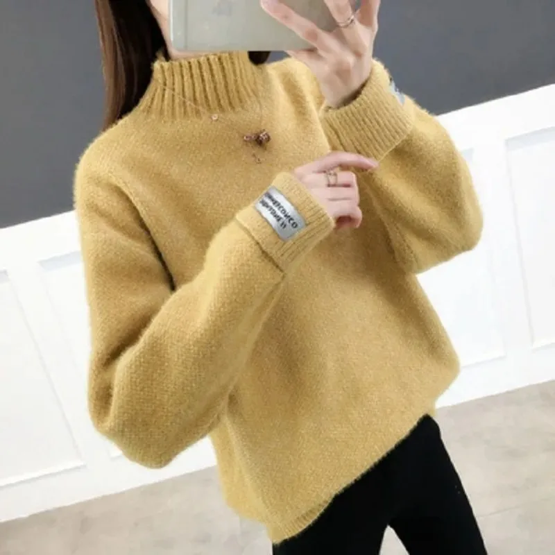 

Норковый бархатный свитер с высоким воротником для женщин, осень и зима 2025, новый свободный утолщенный пуловер для ленивых, нижний свитер