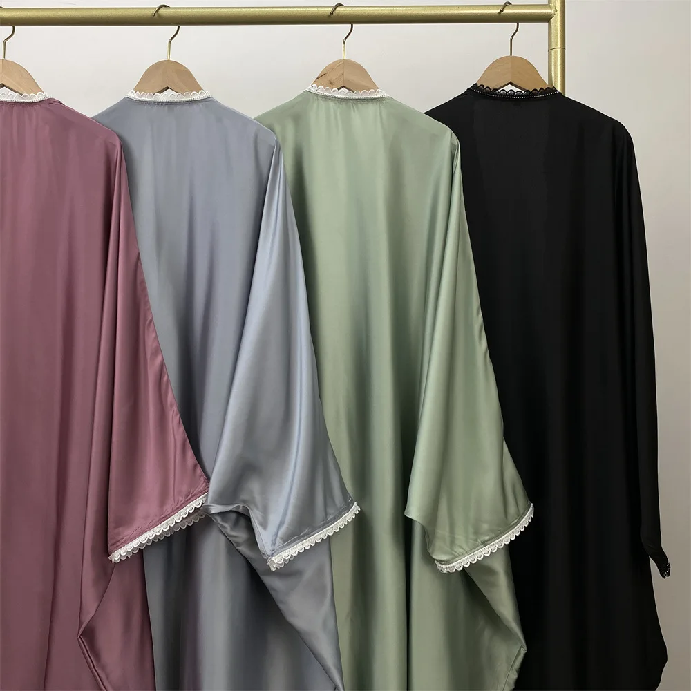Ramadan Batwing Kimono เปิด Abayas สําหรับผู้หญิงมุสลิมชุดซาติน Kebaya ดูไบเปิด Abaya ชุดกิโมโนเสื้อสเวตเตอร์ถักเสื้อผ้าอิสลาม Kaftan