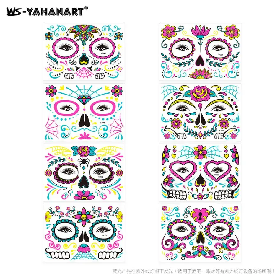 Fluorescent Halloween Face Tattoo Sticker Day of the Dead Funny Temporary Neon Face Sticker for Festival Masquerade Party T2265