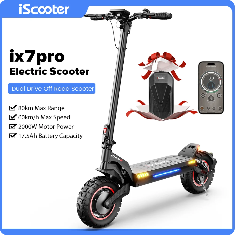 Trottinette électrique tout-terrain iScooter iX7Pro Dual Drive, vitesse maximale 60 km/h, pneus de 10 pouces, 2000 W, 17,5 Ah, 48 V, pliable, avec application.