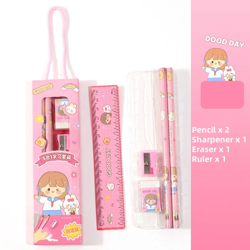 Creative Student Pencils Sharpener Eraser Ruler 5-in-1 Set Children's Cute Stationery 5-Piece Set  Study  Supplies Kawaii Prize