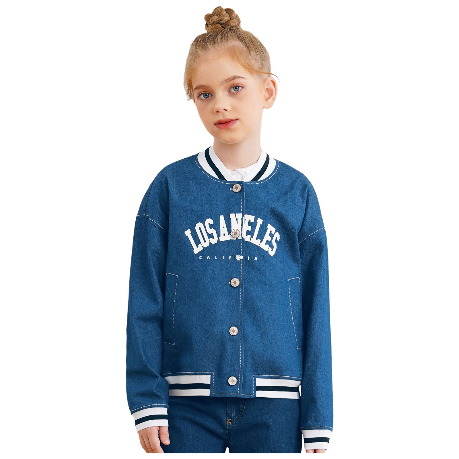 

Autumn New Kids Girls Baseball Uniform Hip Hop Clothing Letter Print Denim Jacket Casual Long Sleeve Button Jean Coat Outerwear