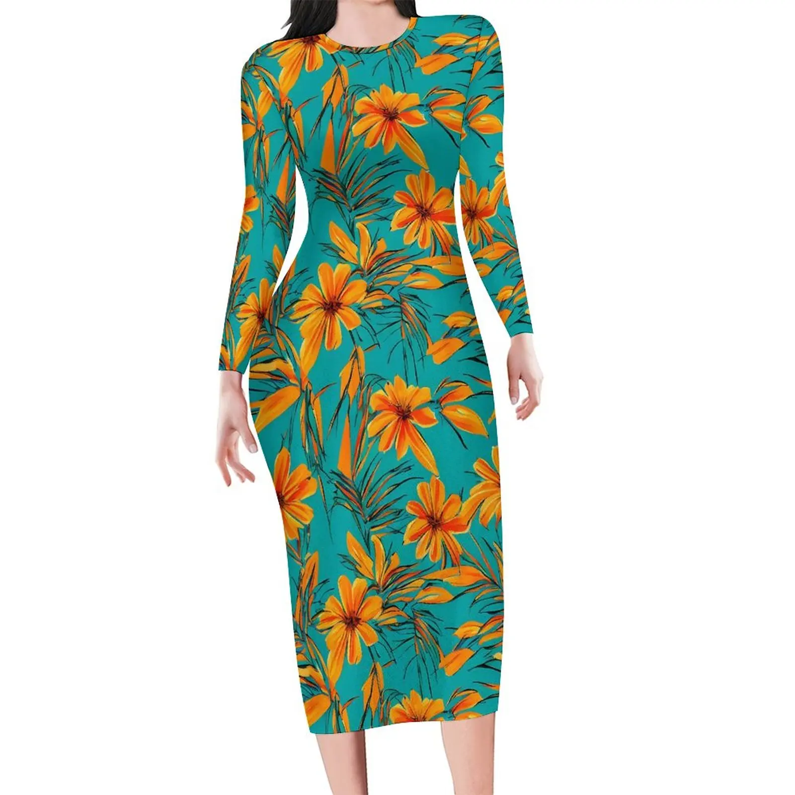 Abito con stampa tropicale donna fiori arancioni abito aderente estetico primavera manica lunga abiti Vintage stampati Vestido di grandi dimensioni