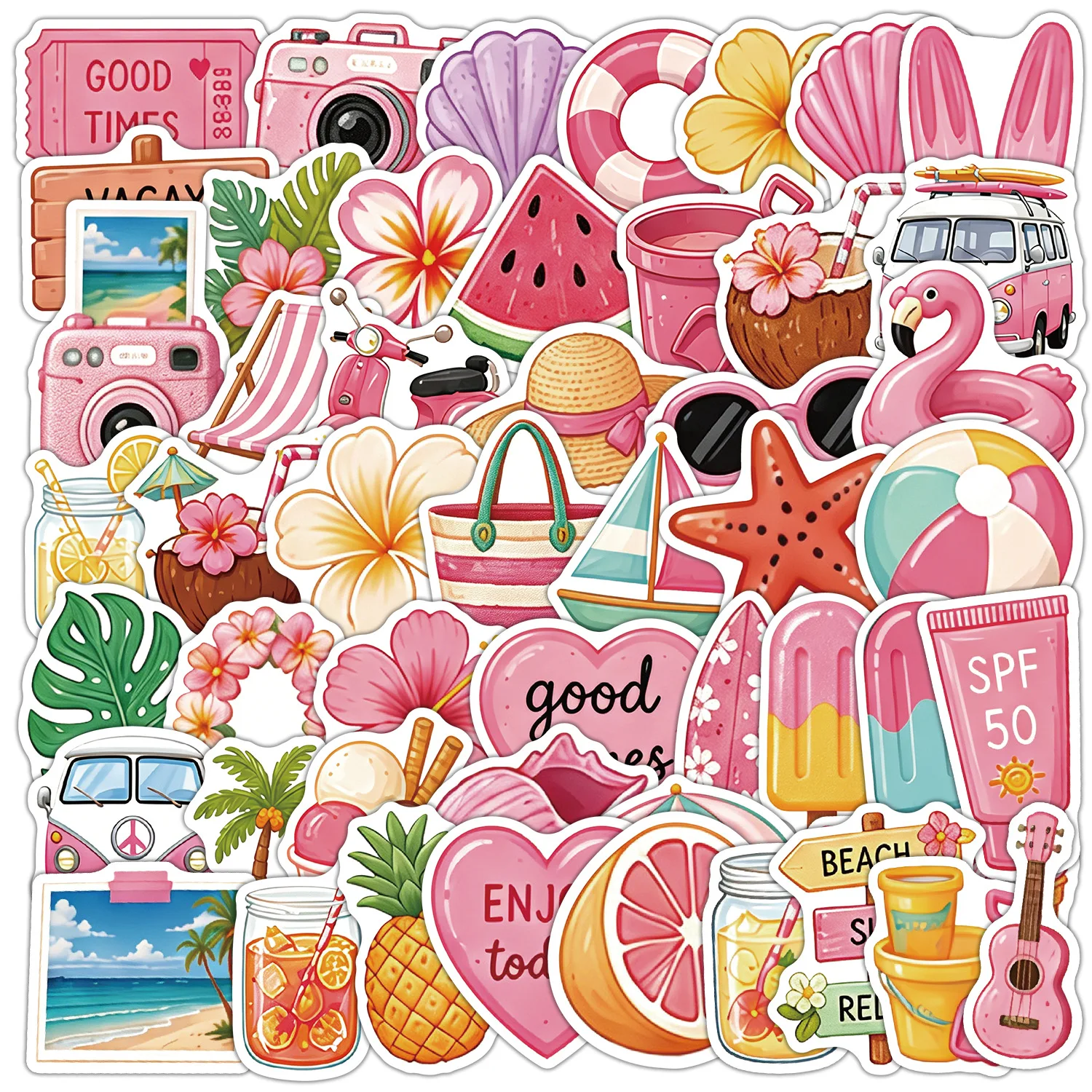 50 PCS Pink Summer Cartoon Mix Match Ins Style Graffiti Stickers Decorate Luggage Laptop Phone Removable Decals