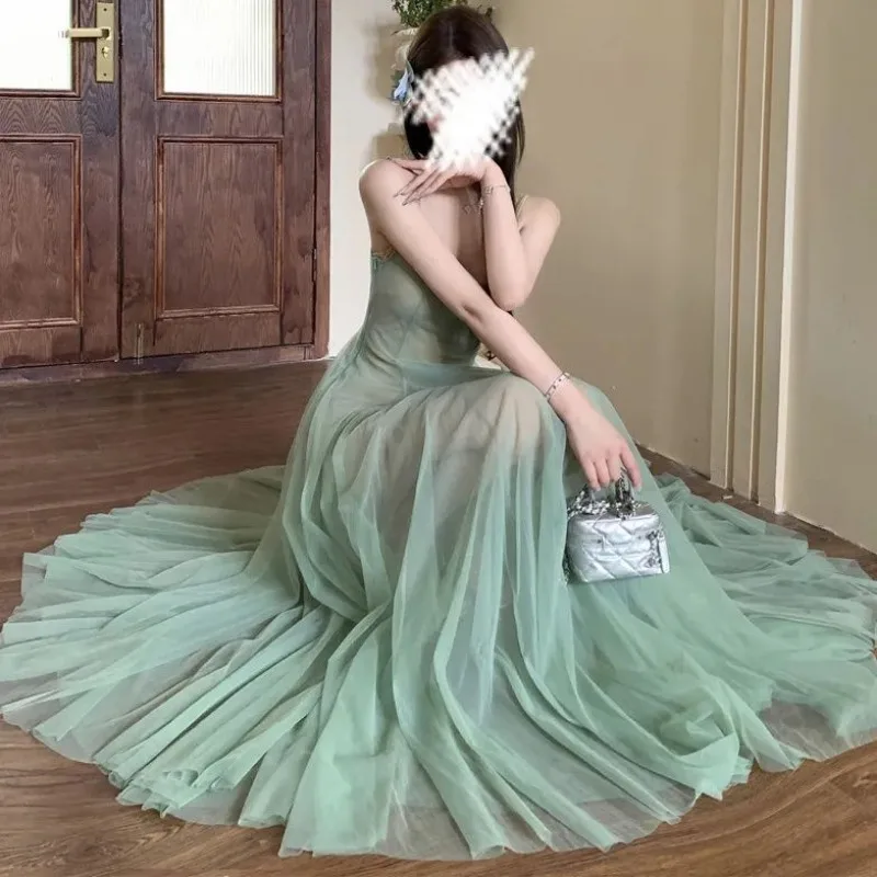 Artistic Green Strapless Birthday Dress for Women Summer Vacation Backless Mesh Fairy Long Dress Faux Two-Piece Design Vestidos