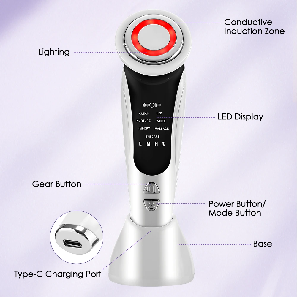 7-in-1 EMS Face Lifting-apparaat Microstroom LED-lichttherapie Warmte-vibratie Gezichtsmassager voor nekverstevigende huidverjonging