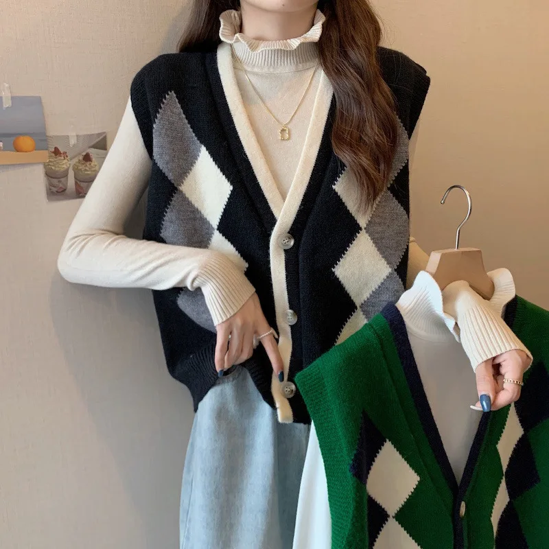 Spring Autumn New V-neck Pullover Knit Waistcoat Fashion Printing Lozenge Contrast Panel Casual Sleeveless Versatile Vest LX192