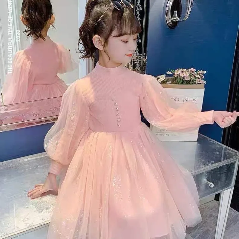 

2025 New Girls' Fleece-Lined Stylish Autumn Baby Long Sleeve Princess Tulle Dresses - Spring Autumn Dresses for 4-12 Years Old