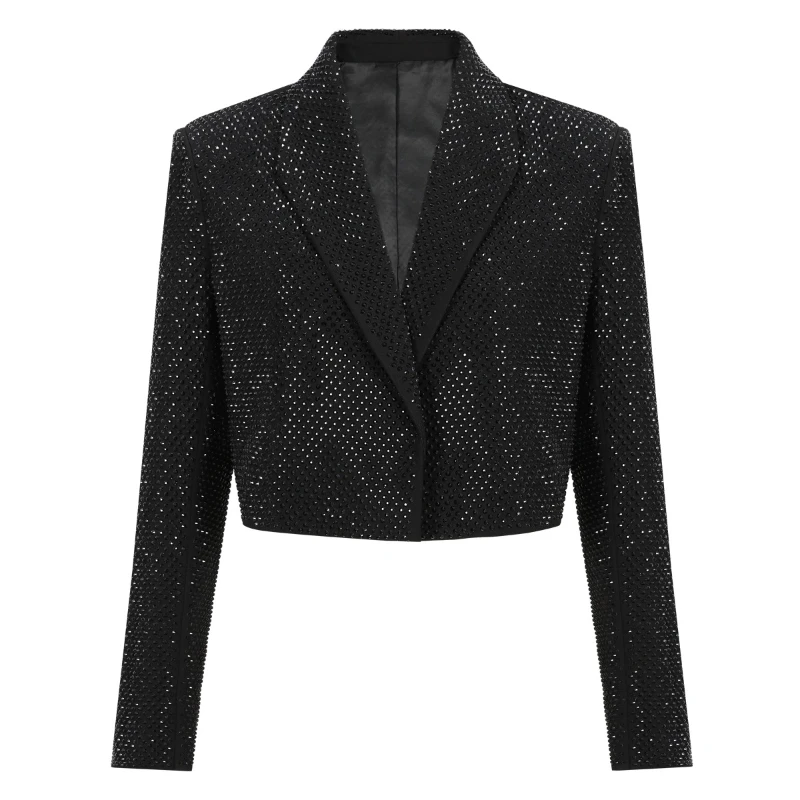 

Diamond Studded Fashion Women Formal Jackets Short Black Blazers Lapel Elegant Suit Coats High Quality Outerwears Autumn