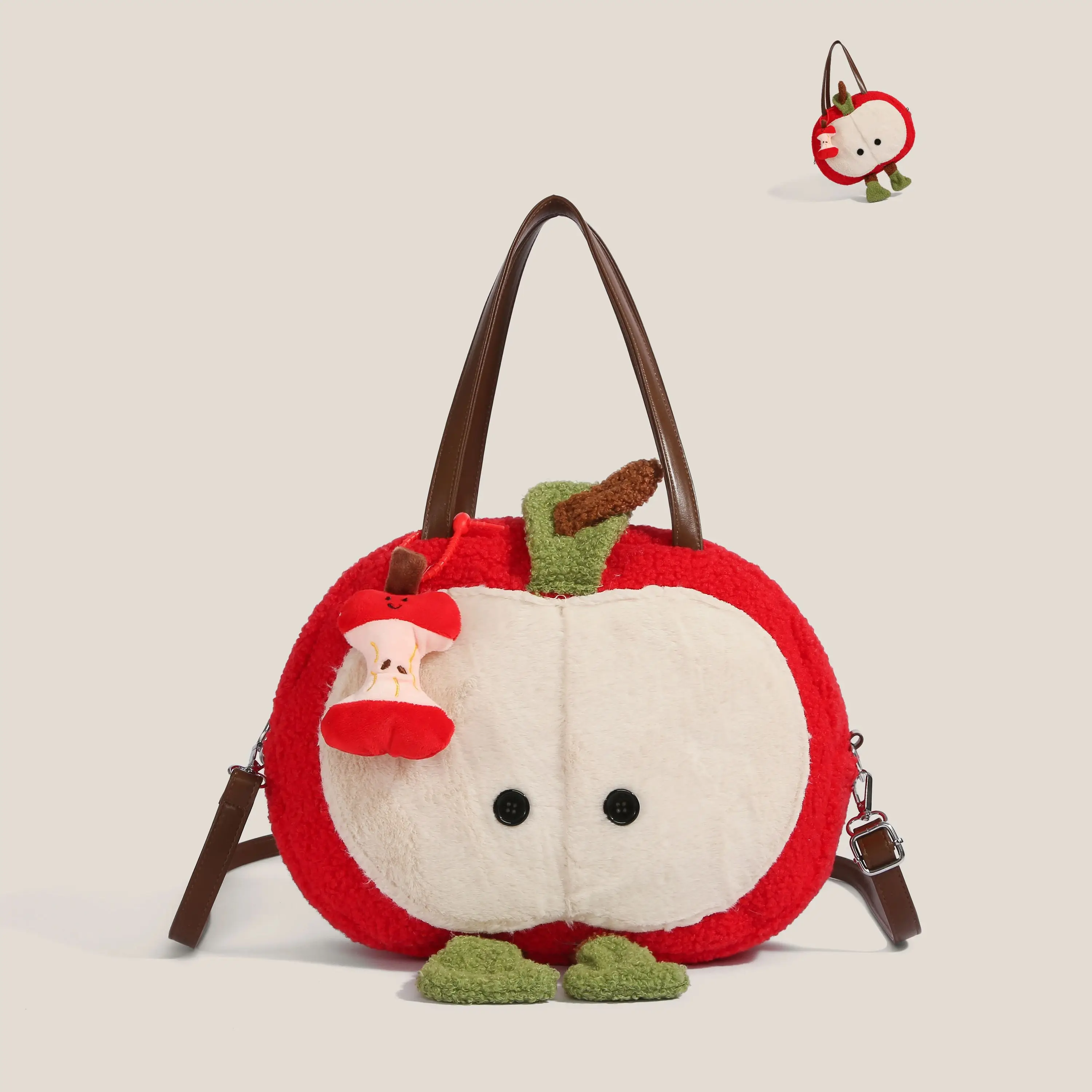 

Милая мультяшная плюшевая сумка-тоут в форме яблока для женщин, новинка 2026 года, вместительная универсальная сумка для поездок на работу, модная сумка через плечо