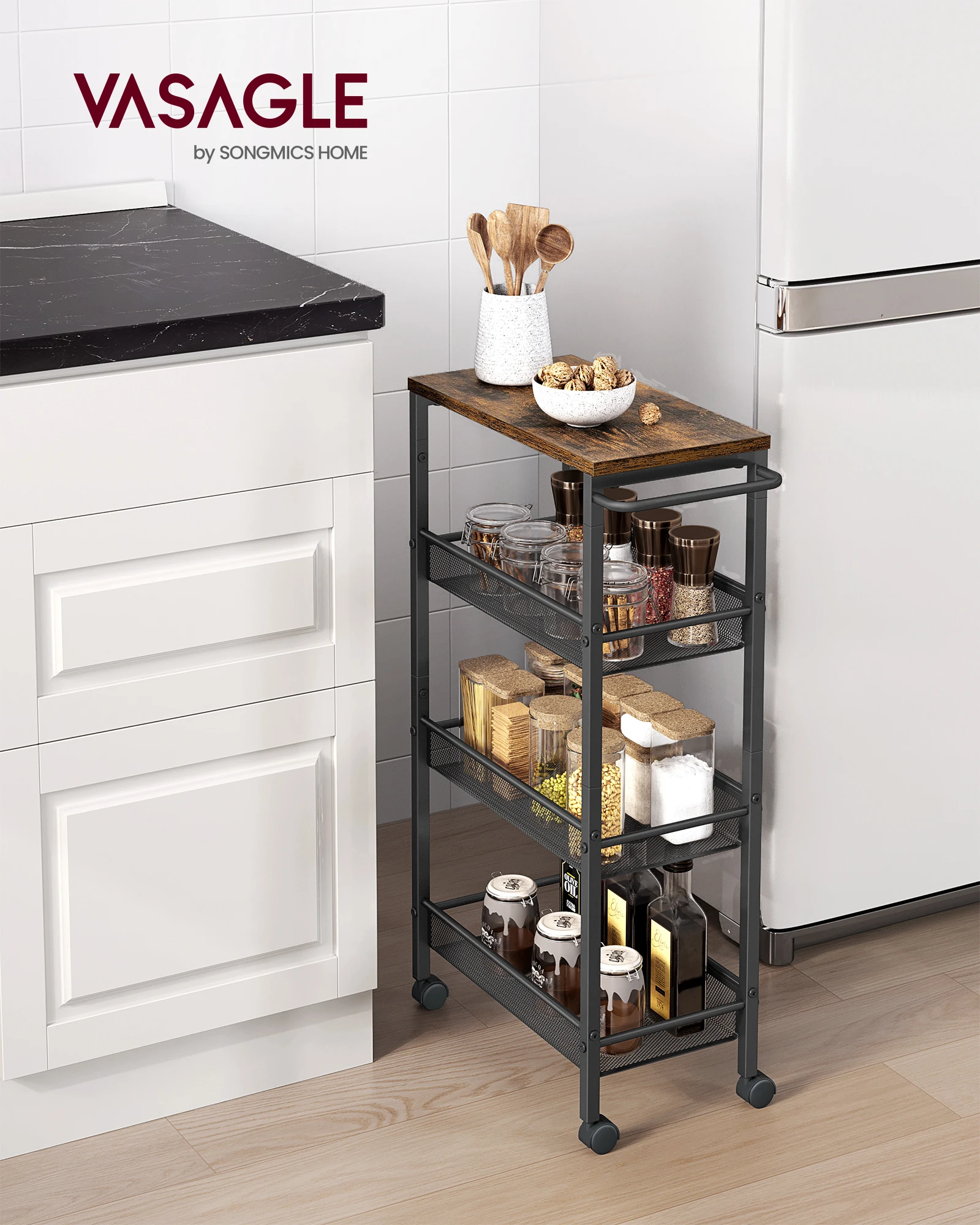 VASAGLE 4-tier trolley with wheels. Steel frame, handle. Ideal for small spaces. 22x45.5x77 cm. Perfect for kitchen, bathroom