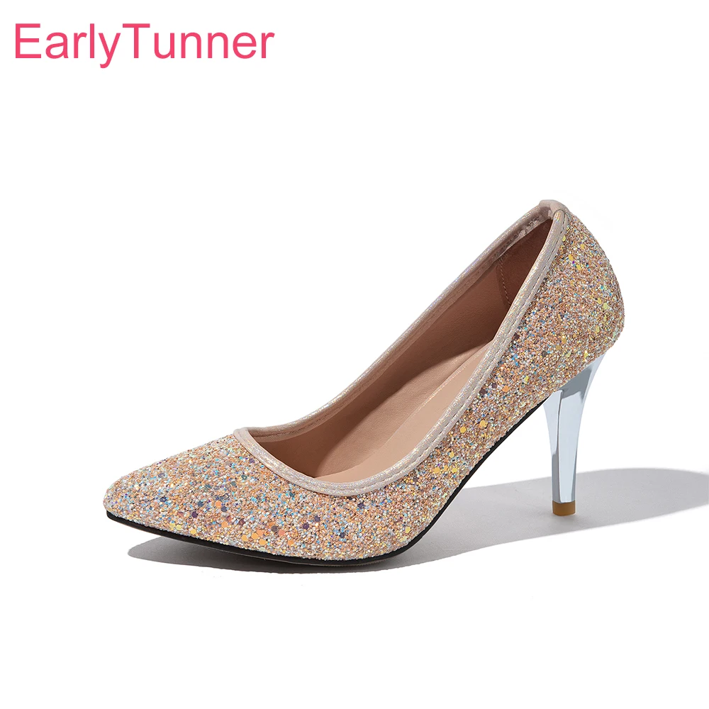 New Glamour Pink White Women Wedding Pumps High Glitter Heels Bridal Lady Party Shoes Plus Small Big Size 12 31 43 45 47