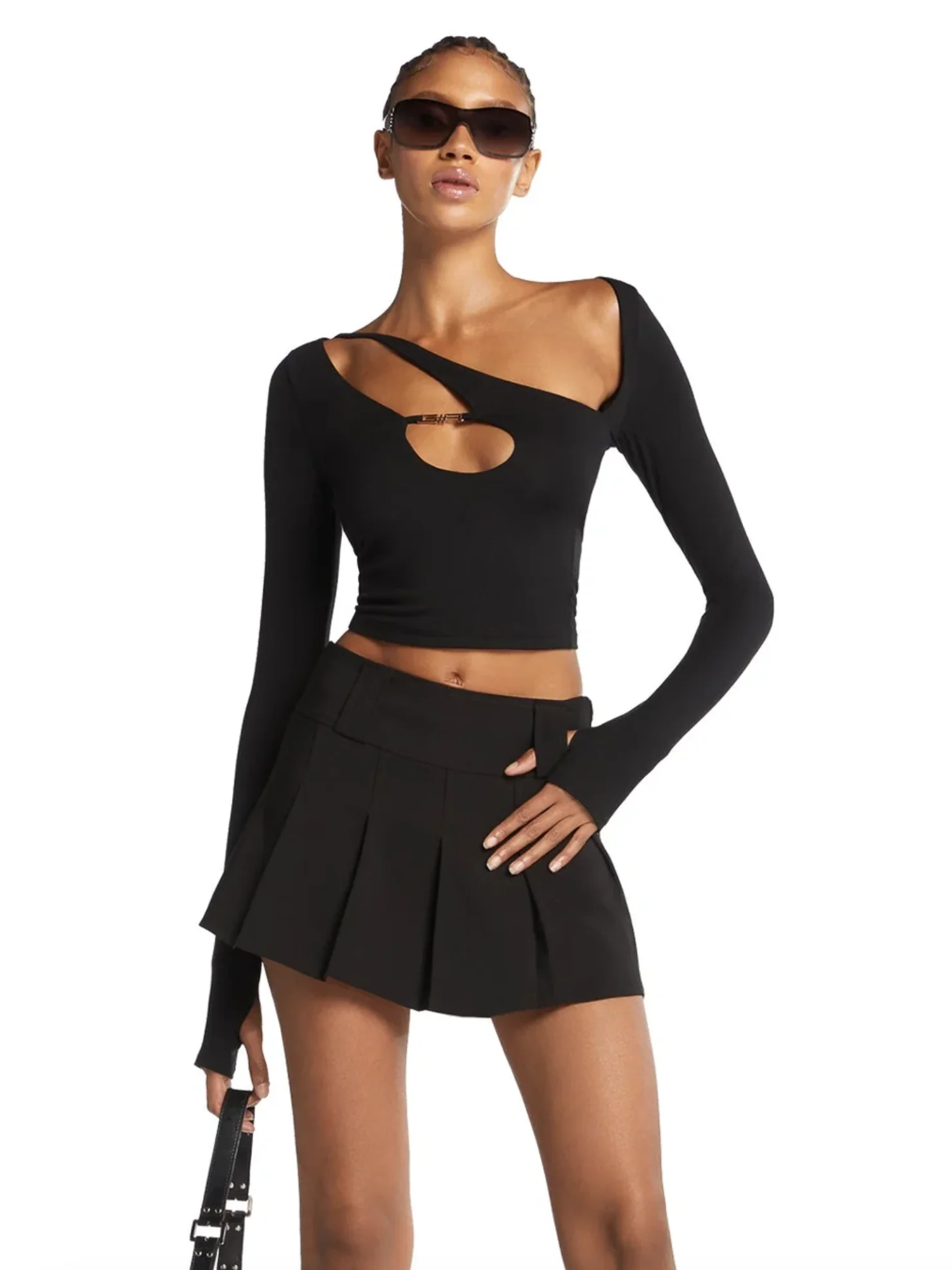 

Asymmetrical hot girl chest hollow tight sleeves long sleeves navel-exposed shoulder sexy high waist buckled T-shirt