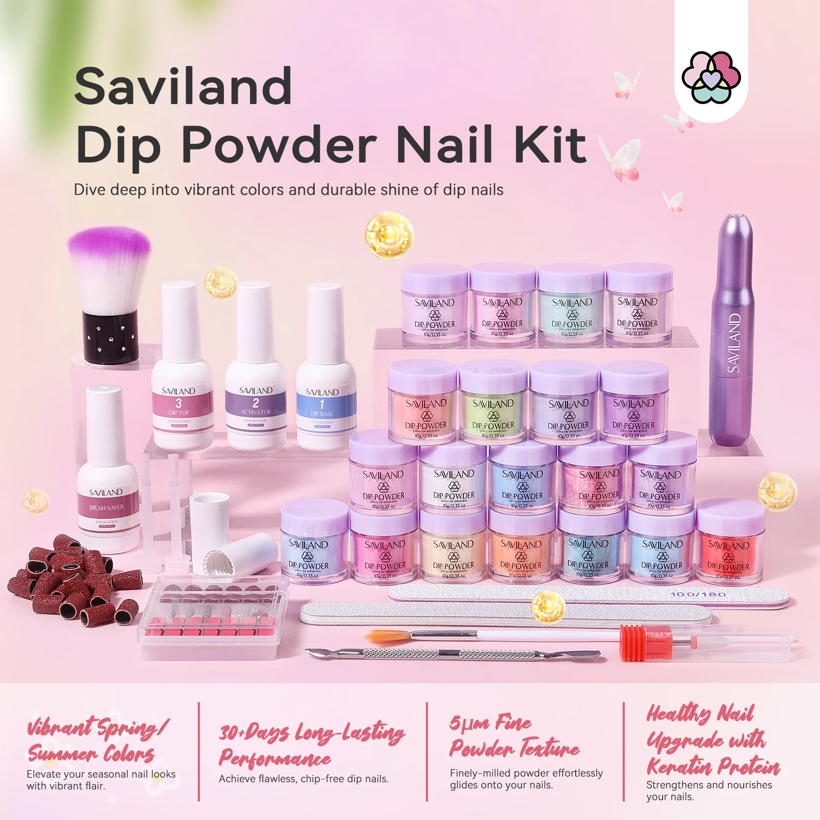 SAVILAND 20 Colors Dipping Nail Powder Kit Summer Dip Nails Powder with Dip Powder Liquid Set Base Top Coat Activator