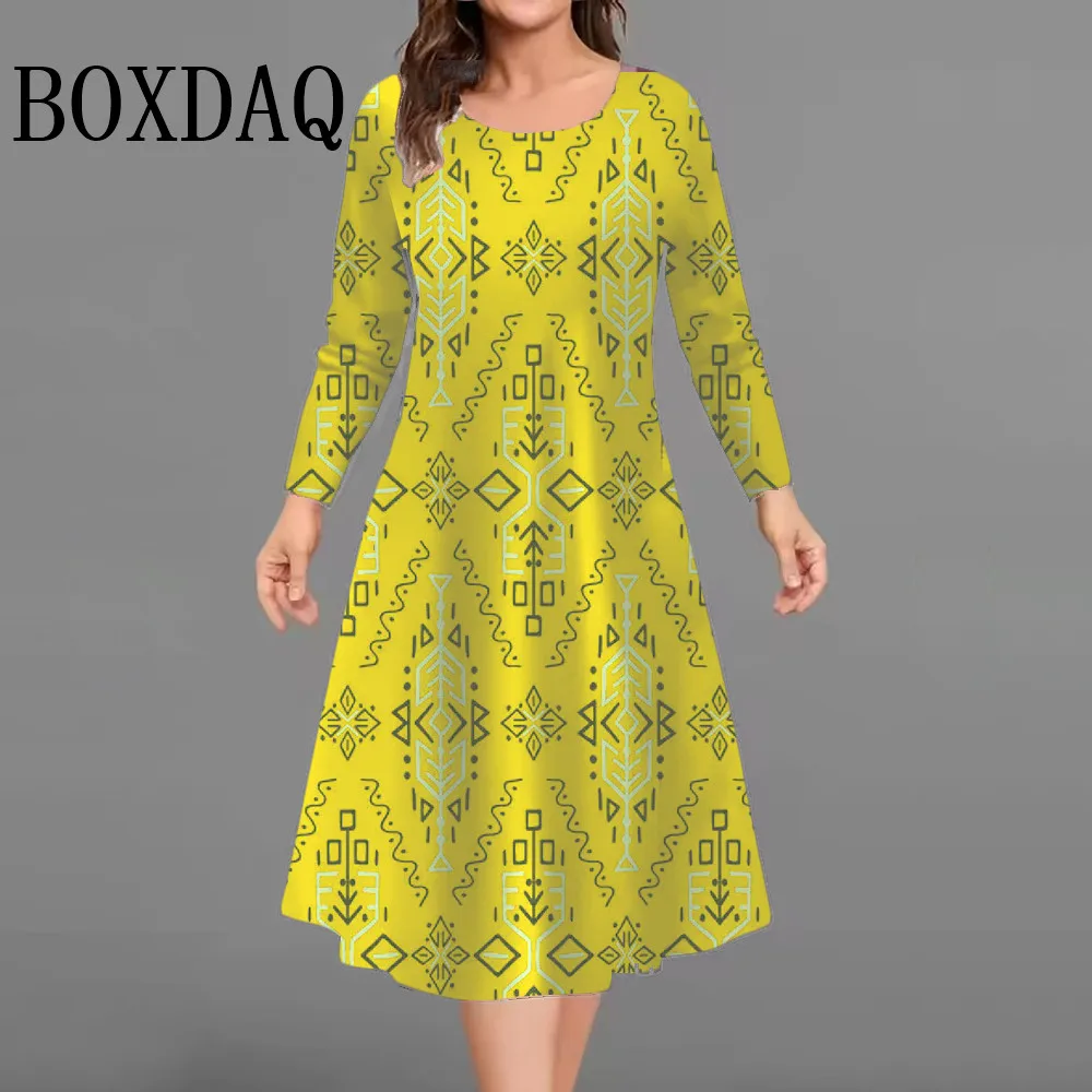 เดรสสั้นพิมพ์ลาย 3 มิติ สไตล์วินเทจ สำหรับผู้หญิง ฤดูใบไม้ร่วง ฤดูหนาว แขนยาว แฟชั่นลำลอง ไซส์ใหญ่ ทรงเอไลน์ รุ่นใหม่ ปี 2025  ไซส์ 9XL