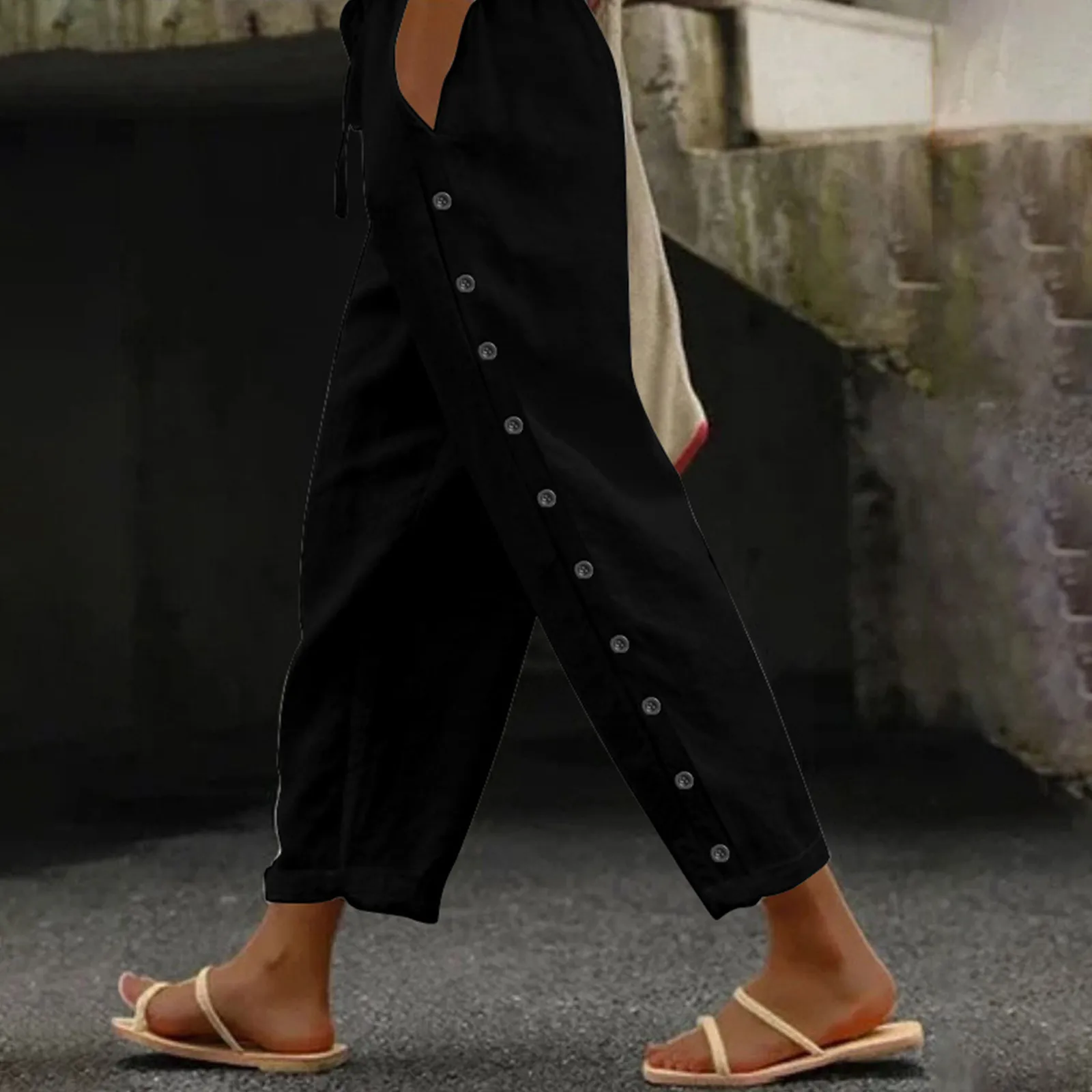 Women's Pants Fashion Elastic Waist Straight Pant Button Decor Casual Solid Loose Female Elegant Long Trousers With Pockets