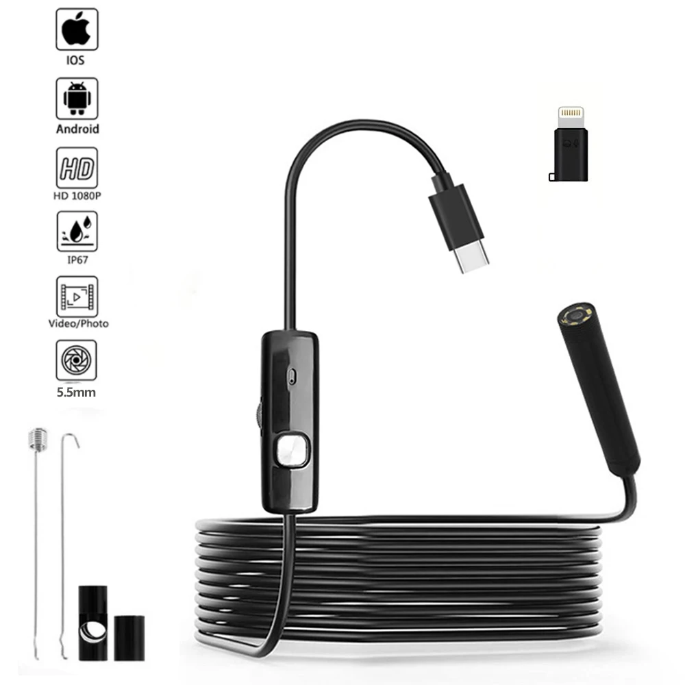 Endoscope Camera For iPhone and Type-c Android Cars Endoscopic Waterproof 8 LEDs Borescope Automobile Engine Inspection