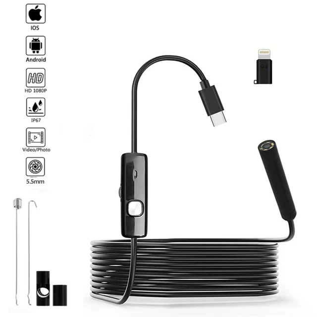 Kamera endoskopowa do iPhone'a i Androida z portem Type-C, endoskop samochodowy, wodoodporna, 8 diod LED, boroskop do inspekcji silnika samochodowego.