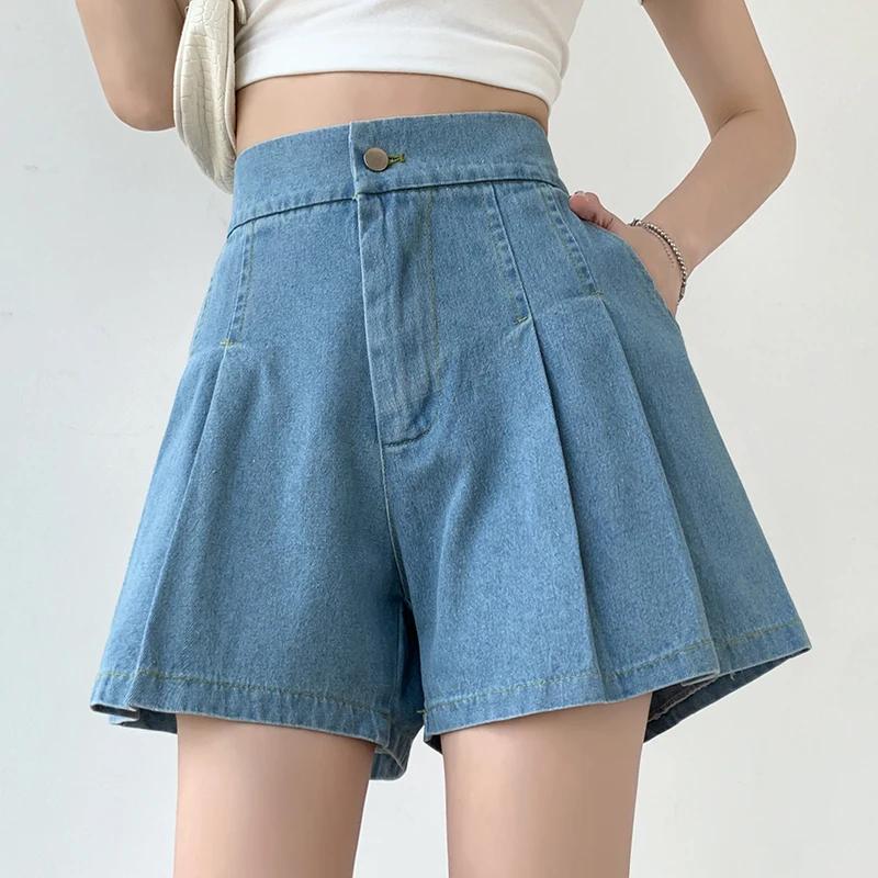 High Waist Wide Leg Jeans Women Oversize Elastic Waist Pleated Blue Denim Shorts Pocket Skirt Casual Shorts Skirts Clothing New