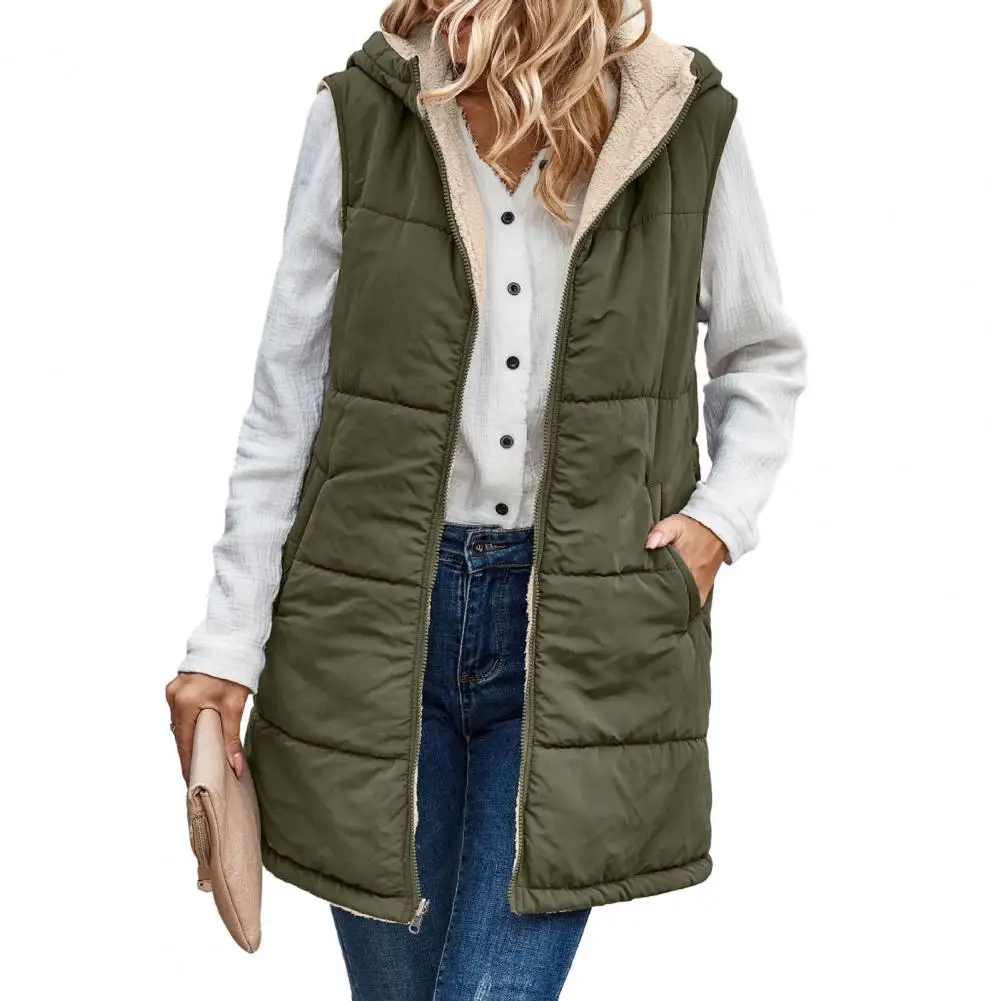 

Reversible Women Jacket Autumn Winter Vest Coat Hooded Fleece Lining Jacket Mid-length Waistcoat Long Jacket Outerwear