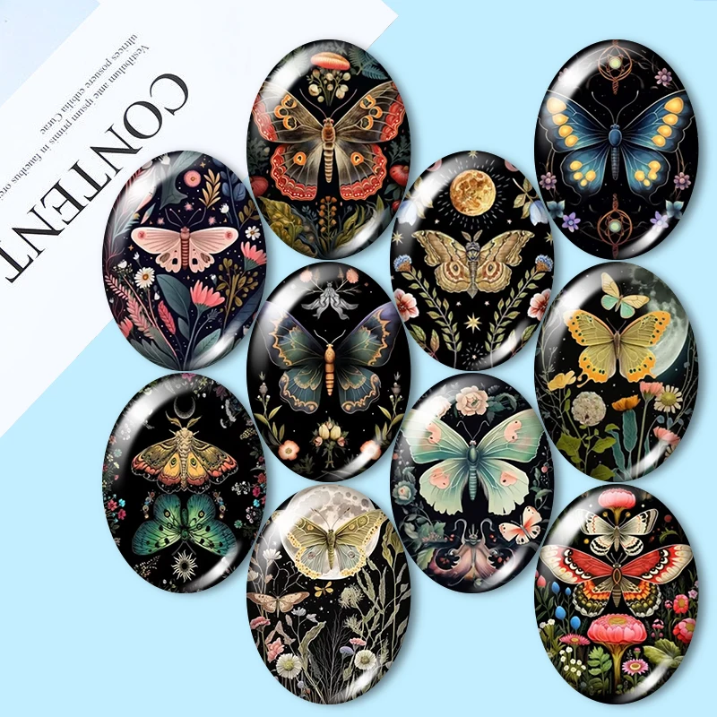 Butterfly Plant Painting 10pcs mixed 13x18mm/18x25mm/30x40mm Oval photo glass cabochon demo flat back Making findings