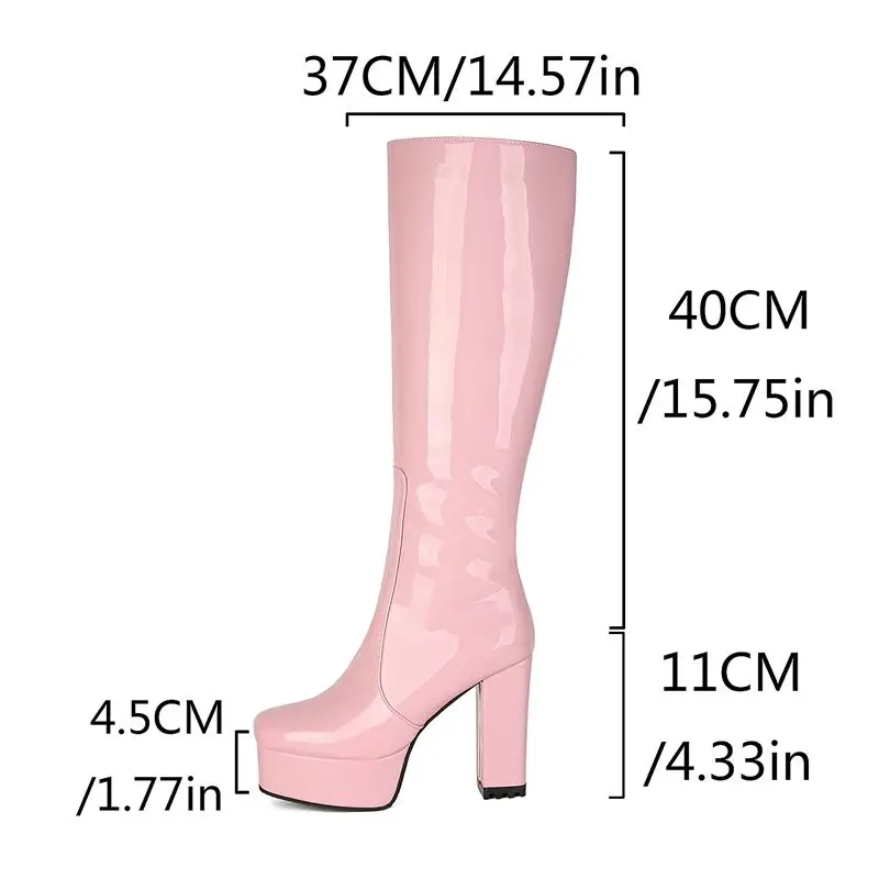 SIMLOVEYO Pink Women Knee High Boots Square Toe 11cm Chunky Heel 4.5cm Platform Zipper Plus Size 41 42 43 Sexy Party Long Botas