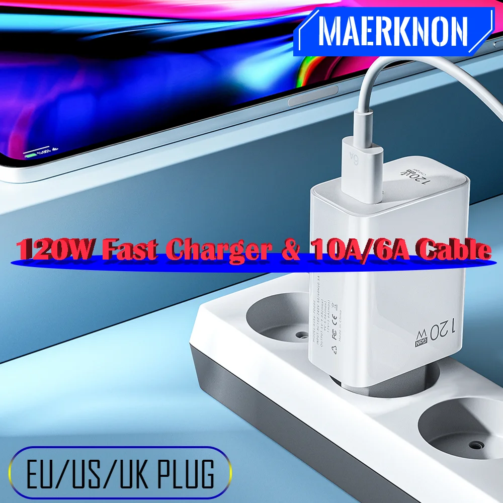 

Mobile Phone Charger EU/US/UK Plug 120W GaN USB Charger 10A/6A Fast Charging 1M Cable QC 3.0 For iPhone Xiaomi 15 Huawei Samsung