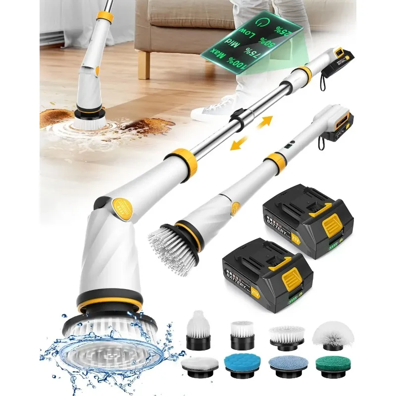 

Innovative design.2 Battery Cordless Shower Scrubber with 3 Speeds Display & 50inch Retractable Handle, IPX7 Waterproof Power Sc
