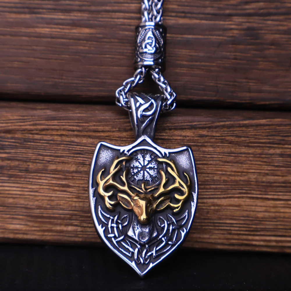 

Nordic Viking Compass Deer Head Pendant Necklace Stainless Steel Vitkin Celtic Knot Necklace Men Chain Amulet Jewelry Wholesale